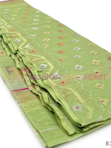 Deshi Original Jamdani Traditional Light Birch Green with Multicolor Design
