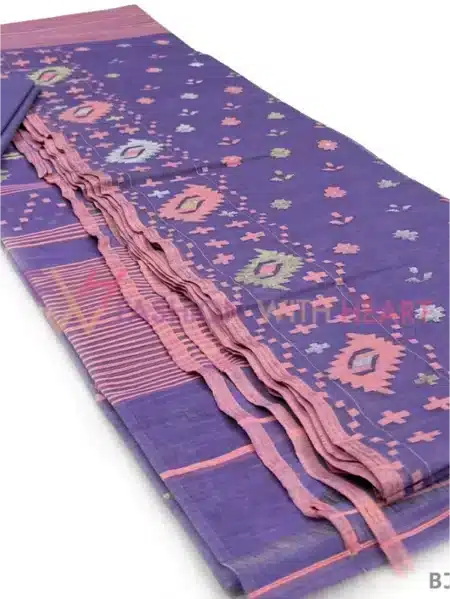 Exclusive Original Jamdani Saree Middle blue purple With Multicolor Design
