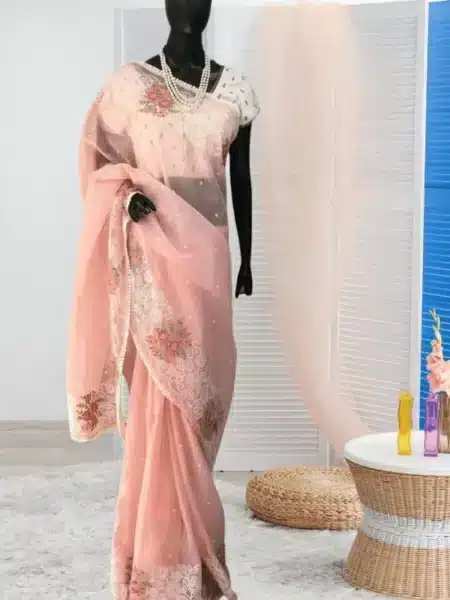 Elegant Soft Silk Organza Embroidered Saree with Heavy Border