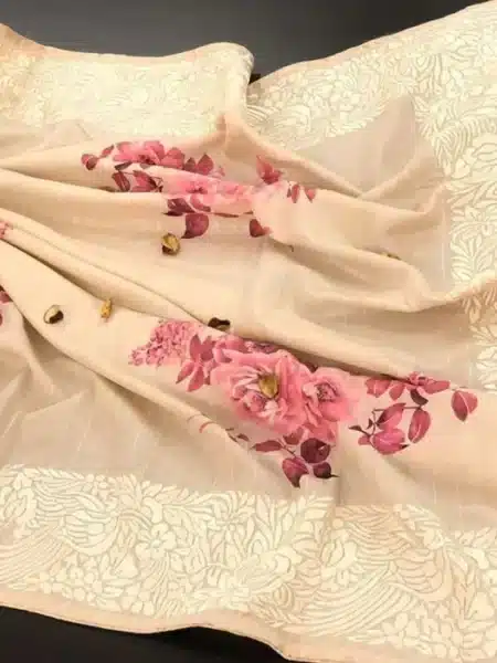 Traditional tussar silk saree with beautiful embroidery work abstract printed blouse 