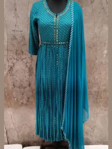 Women's designer chunri printed payon deep blue anarkali kurta gown